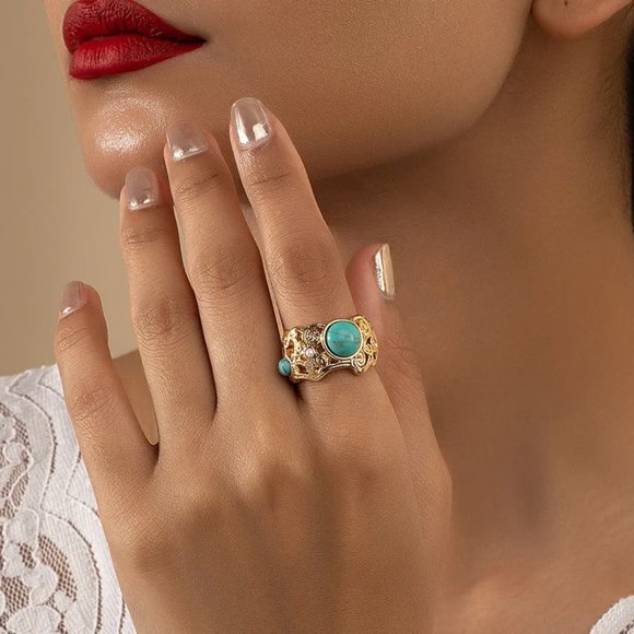 Western Baroque Gold Turquoise & Pearl Southwestern Statement Ring NEW - Picture 6 of 6